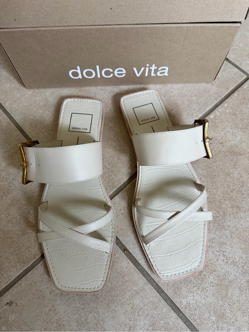 Dolce Vita Cream Croc-Embossed Slide Sandals with Gold Buckle
